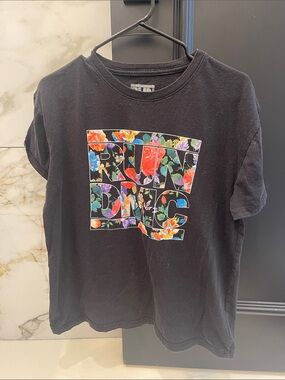 Black Floral Graphic Tee with 'RUN DMC' Motif
